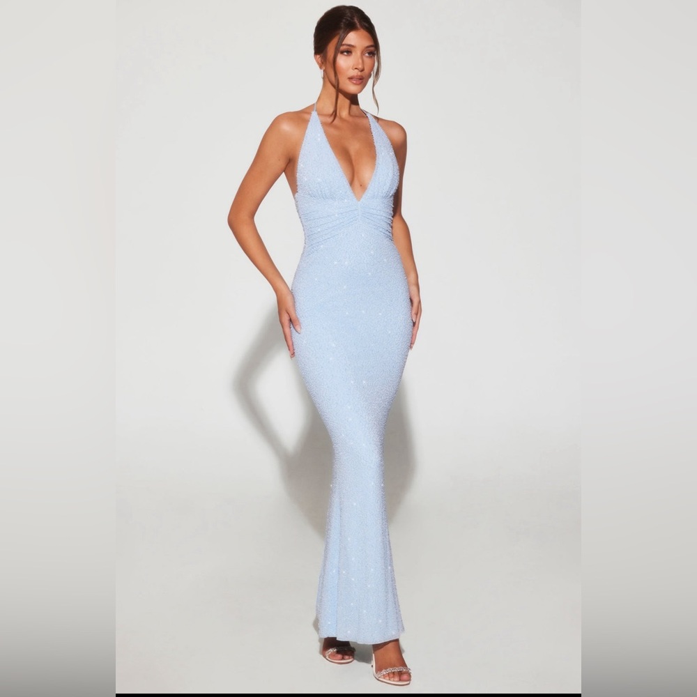 Embellished Plunge Halterneck Evening Gown in blue